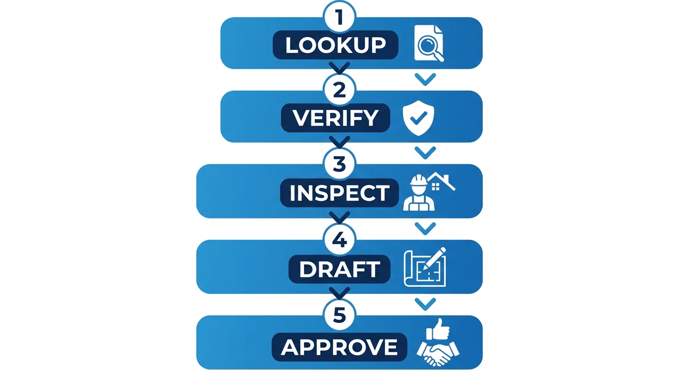 Vertical process flow with five sequential stages for partnering with a roofing company, featuring blue gradient cards, icons, and chevron connectors