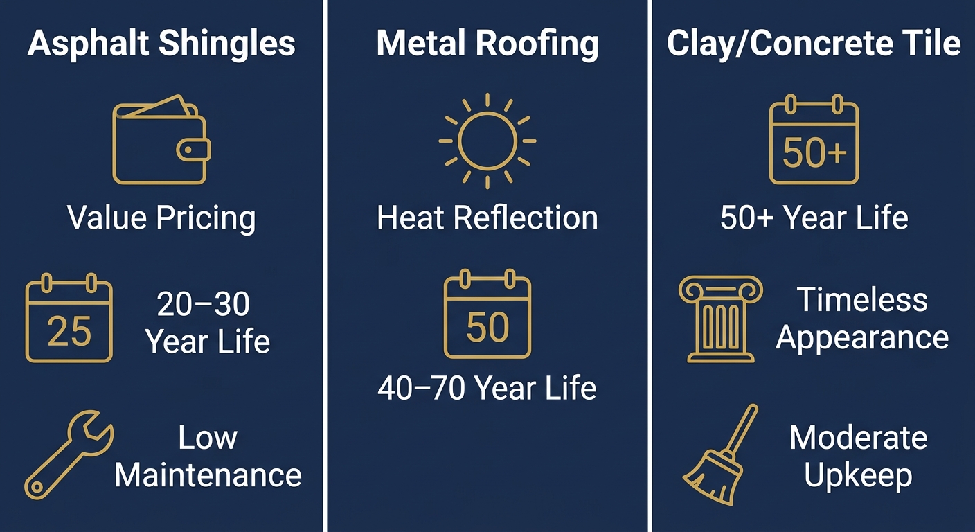 Infographic comparing three roofing material options for Weslaco, Texas: Asphalt Shingles, Metal Roofing, and Clay/Concrete Tile, with icons and labels for pricing, lifespan, and maintenance.