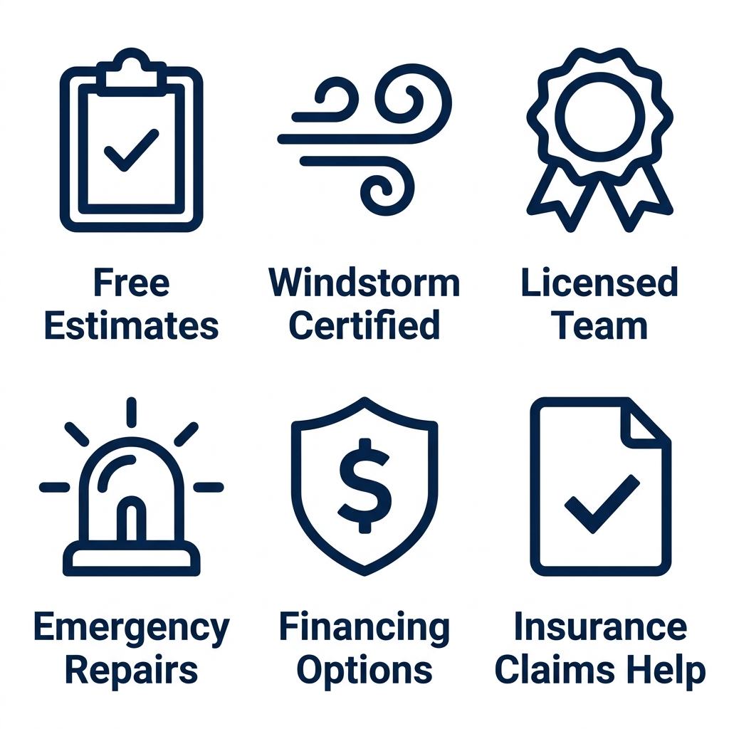 Flat outline icons representing roofing services: clipboard, wind swirl, certificate badge, siren light, shield with dollar sign, document with checkmark, each labeled in dark blue text.
