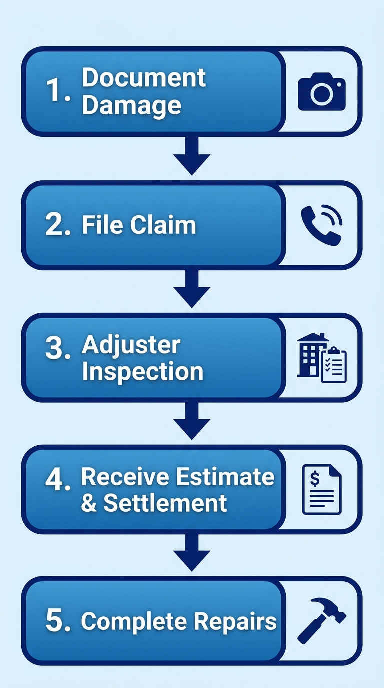 Five-step insurance claim process for roof storm damage showing Document Damage, File Claim, Adjuster Inspection, Receive Estimate & Settlement, and Complete Repairs with icons.