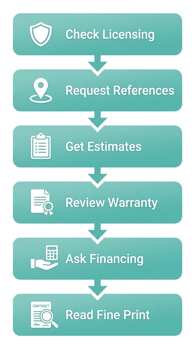 Vertical process flow illustrating six steps to hire a roofing contractor: Check Licensing, Request References, Get Estimates, Review Warranty, Ask Financing, Read Fine Print, with shield, map pin, clipboard, document with badge, hand with calculator, and magnifying glass icons arranged in rounded-rectangle cards connected by downward arrows.