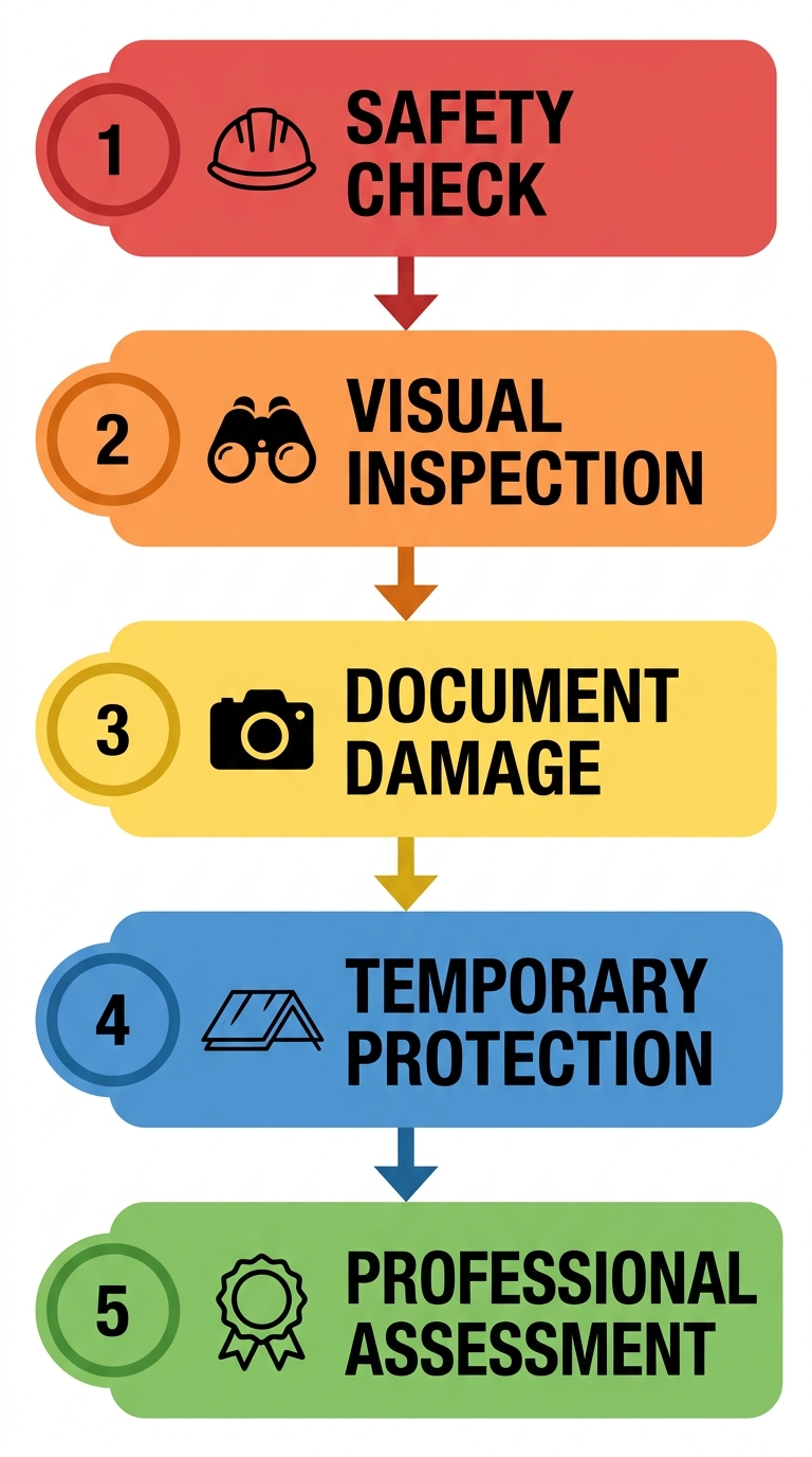 Vertical process flow showing five steps to assess and address roof damage: Safety Check, Visual Inspection, Document Damage, Temporary Protection, and Professional Assessment with numbered circles and connecting arrows.