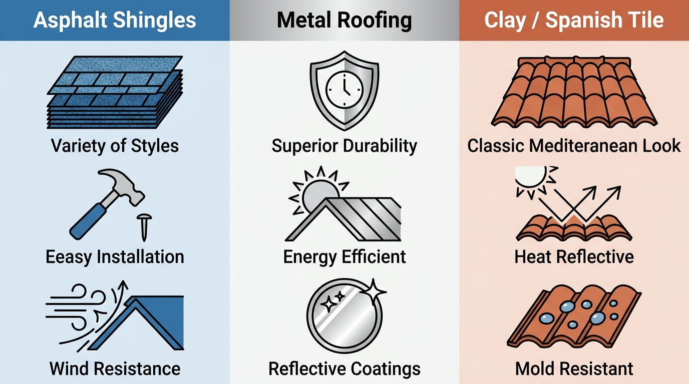 Infographic comparing three roofing materials for San Benito homeowners: Asphalt Shingles, Metal Roofing, and Clay/Spanish Tile. Each column has three outline icons with labels showing key features like wind resistance and durability.