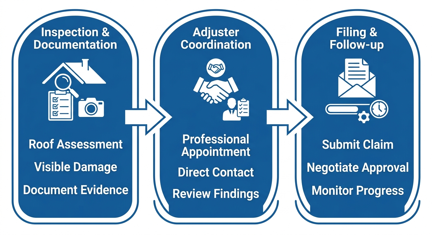 Three-step process flow for roofing insurance claim management: inspection and documentation, adjuster coordination, filing and follow-up, arranged horizontally with connecting arrows and blue and white icons.