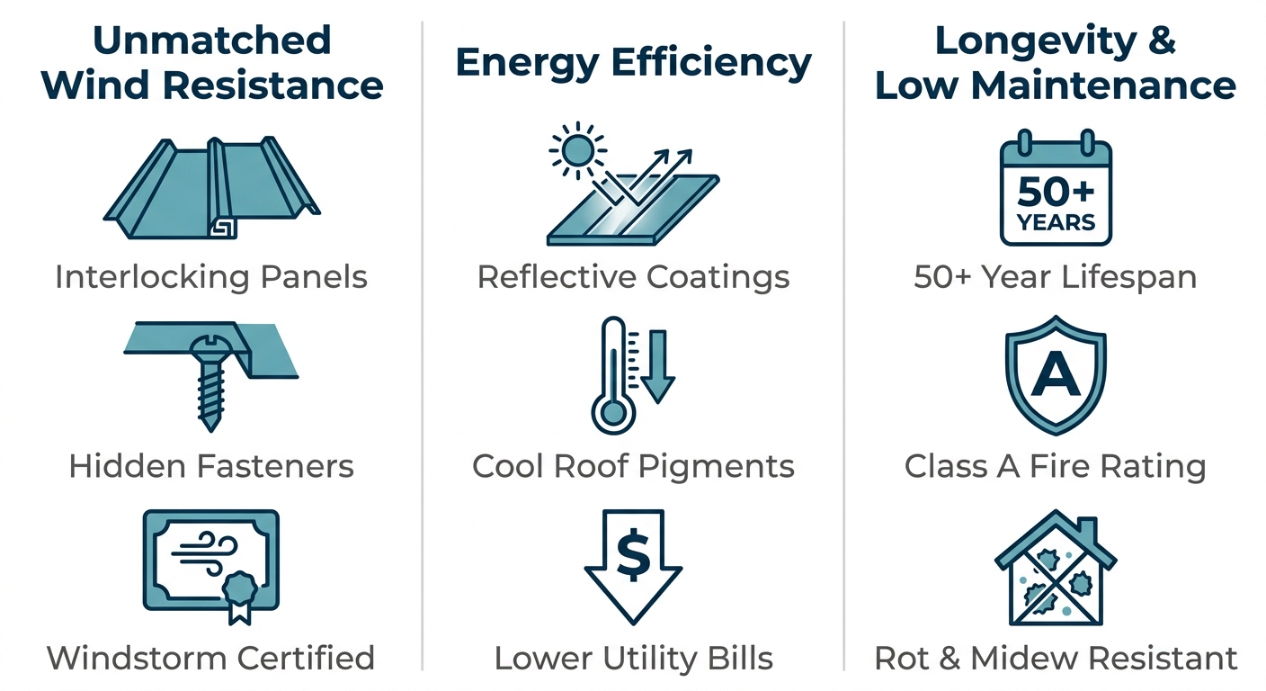 Three-column infographic comparing wind resistance, energy efficiency, and longevity benefits of standing seam metal roofing in coastal Texas, featuring interlocking panels, hidden fasteners, windstorm certification, reflective coatings, cool roof pigments, lower utility bills, 50+ year lifespan, class A fire rating, and rot and mildew resistance.