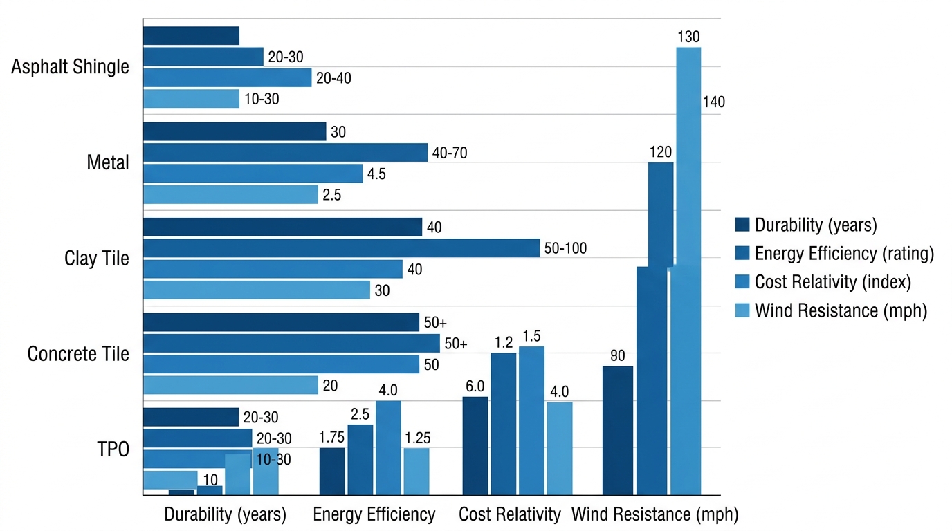 Horizontal bar chart comparing asphalt shingle, metal, clay tile, concrete tile, and TPO roofing materials across durability, energy efficiency, cost, and wind resistance for South Texas climate.