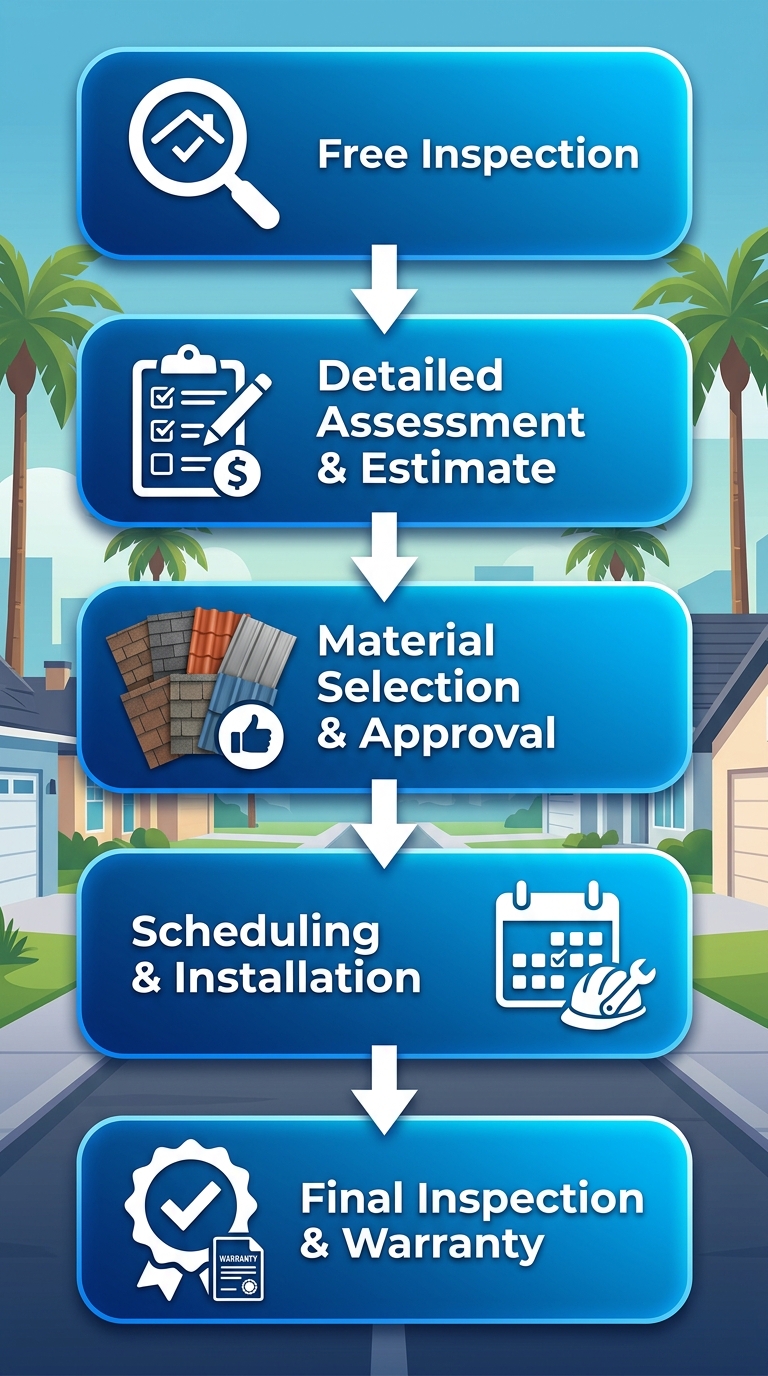 Vertical process flow diagram with five steps for roof repair or replacement in McAllen, featuring rounded blue gradient rectangles, icons, and downward arrows, showing Free Inspection, Detailed Assessment, Material Selection, Scheduling, and Final Inspection stages.