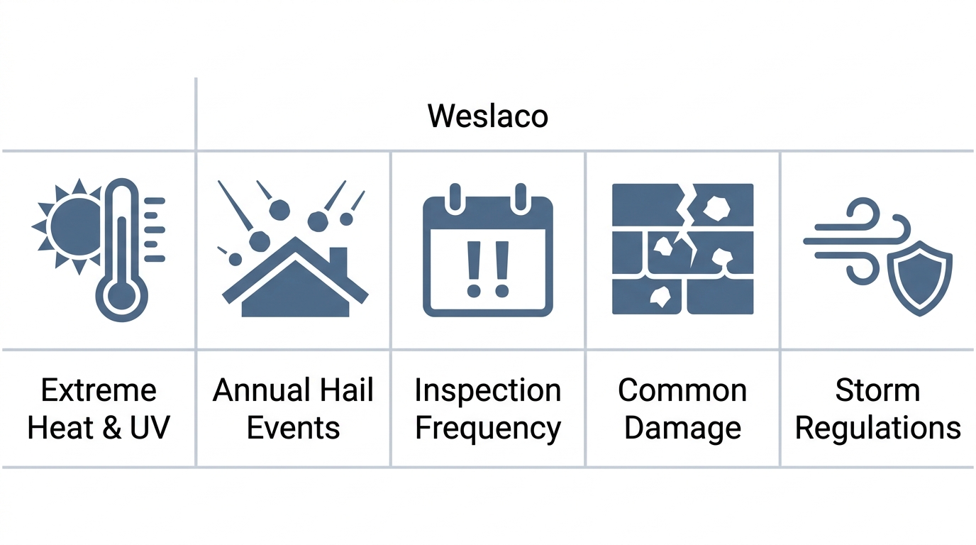 Infographic comparing roof repair considerations for Weslaco, Texas, featuring five icons with labels: Extreme Heat & UV, Annual Hail Events, Inspection Frequency, Common Damage, and Storm Regulations, using a slate blue palette on a white background.