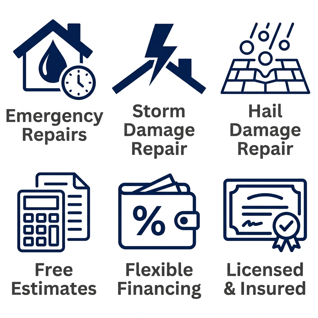 Six outline icons representing roofing services including emergency repairs, storm damage repair, hail damage repair, free estimates, flexible financing, and licensed and insured, arranged in two rows on a white background.