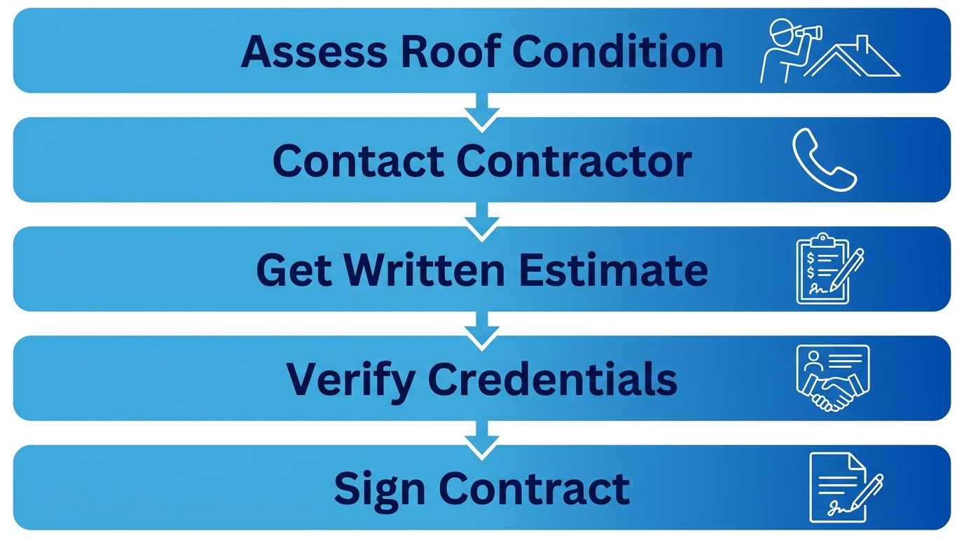 Vertical process flow diagram showing five connected stages for starting a roofing project: Assess Roof Condition, Contact Contractor, Get Written Estimate, Verify Credentials, and Sign Contract. Each stage is a rounded rectangle with blue gradient, connected by downward arrows, with white icons and dark blue labels.