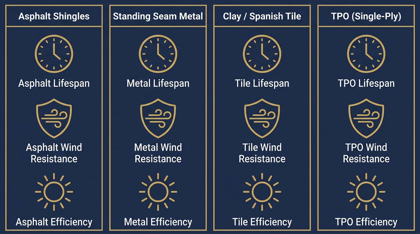 Infographic comparing four roofing materials: Asphalt Shingles, Standing Seam Metal, Clay/Spanish Tile, and TPO, with icons for lifespan, wind resistance, and energy efficiency on a navy background with gold accents.