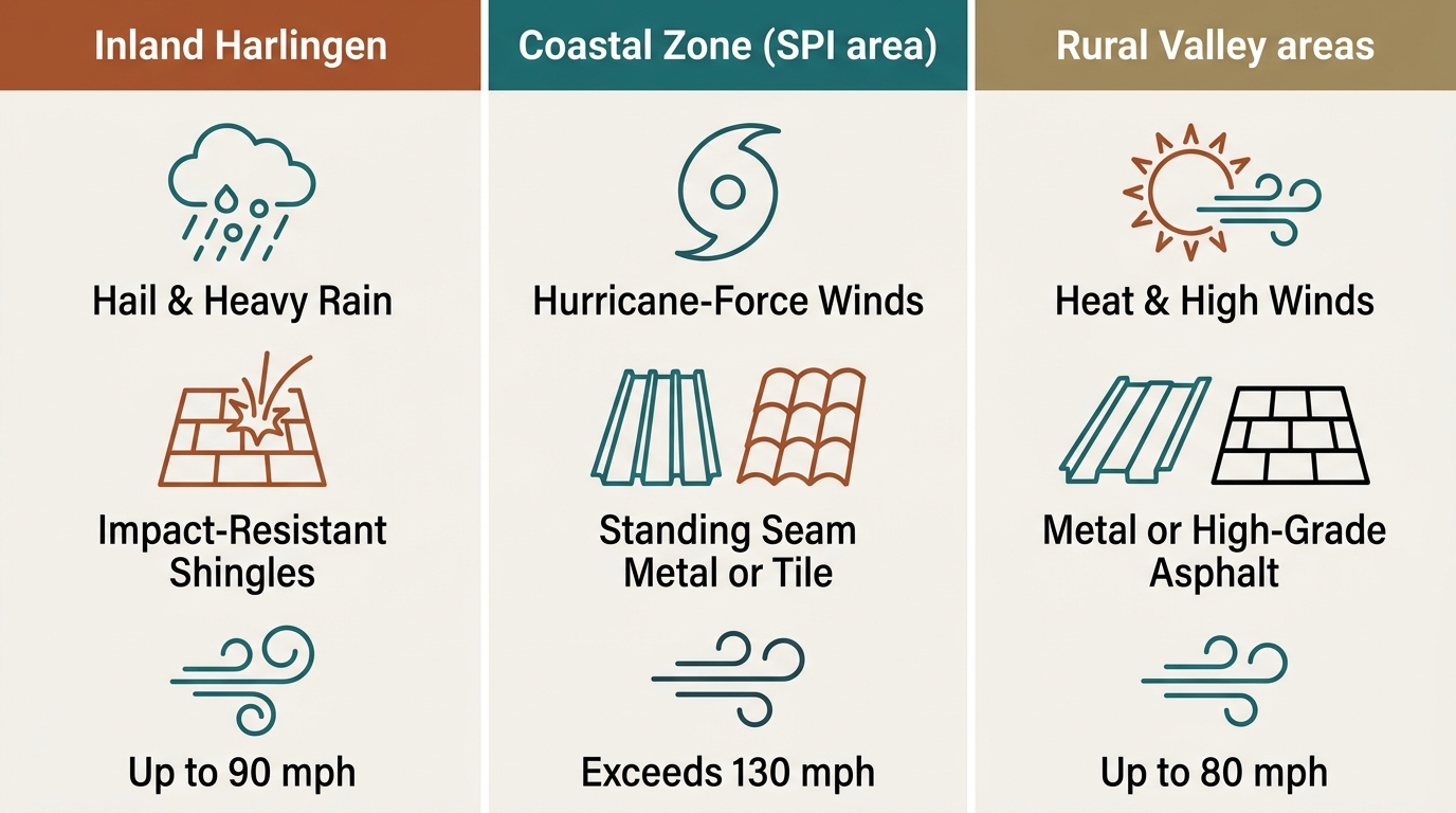 Three-column comparison infographic showing roofing recommendations for Inland Harlingen, Coastal Zone (SPI area), and Rural Valley areas with icons and labels for weather risks, materials, and wind speeds.