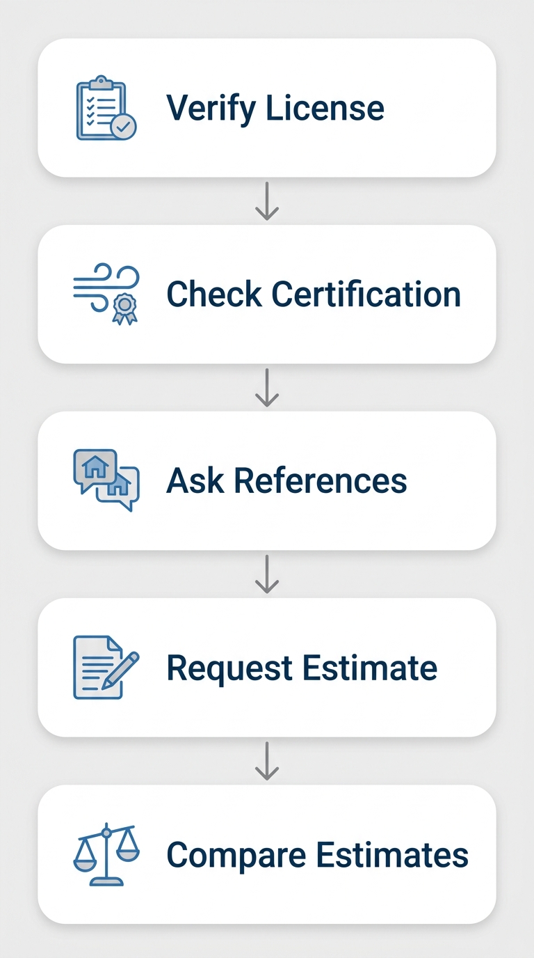 Five-step vertical process flow for selecting a roofer in Harlingen, Texas, with numbered rounded rectangles connected by arrows and icons representing each step.