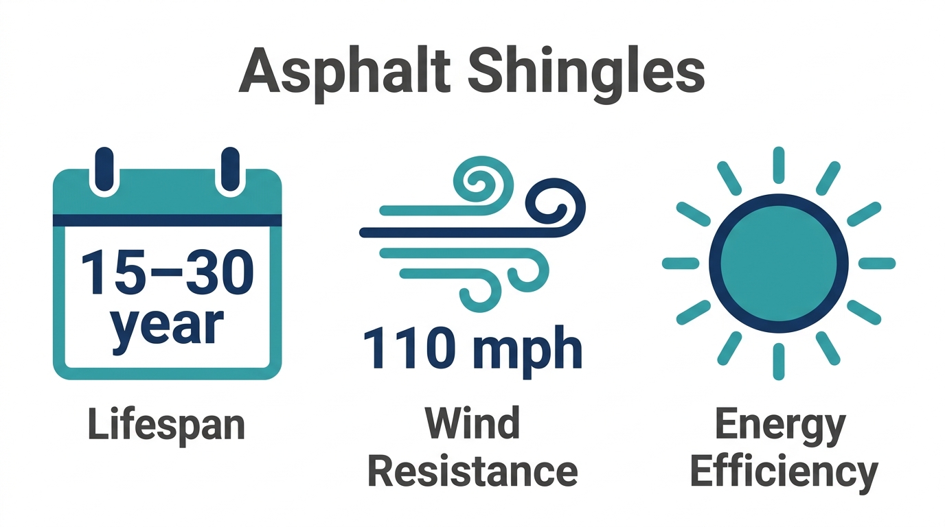 Infographic comparing asphalt shingles lifespan, wind resistance, and energy efficiency with flat icons in teal and navy on white background, dark gray labels.