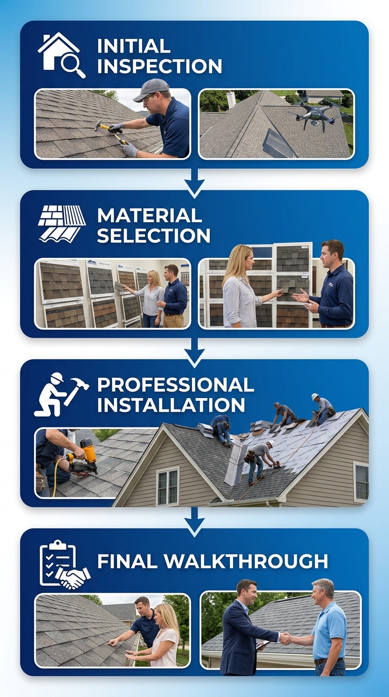 Four-step roof replacement process flow showing initial inspection, material selection, professional installation, and final walkthrough, with white icons and downward arrows connecting rounded blue gradient rectangles.