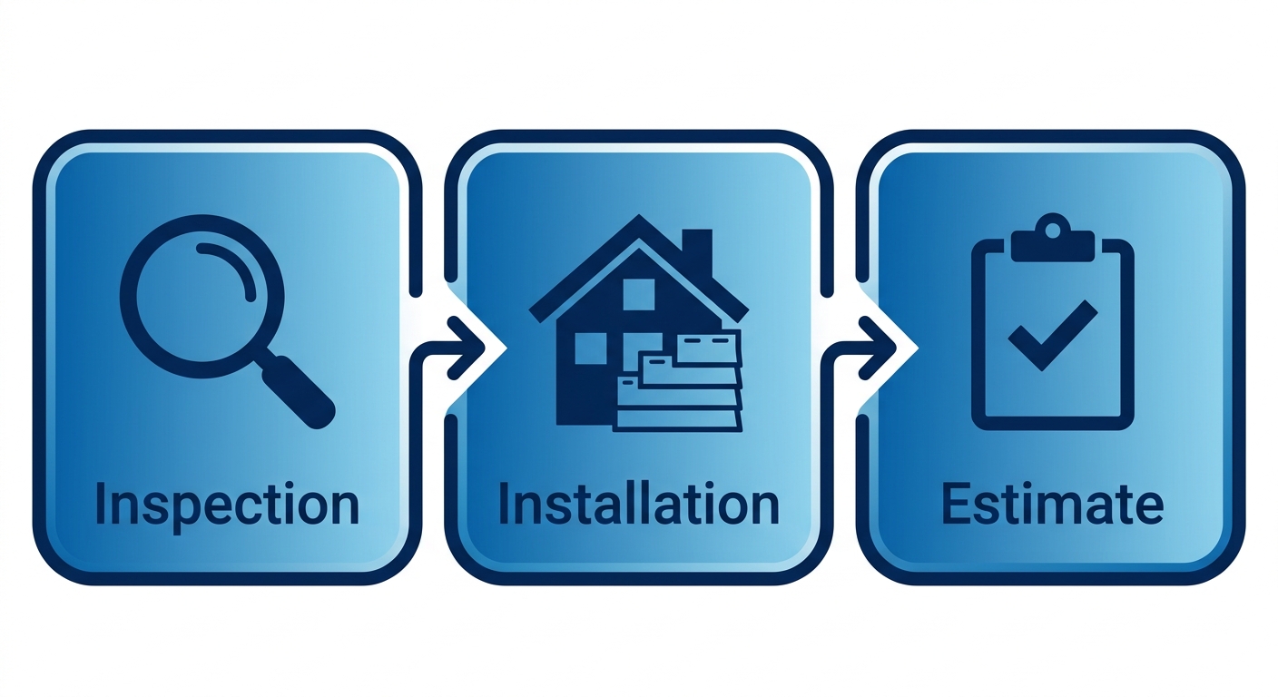 Three-step process flow diagram showing siding repair and installation with magnifying glass, house, and clipboard icons on blue gradient cards connected by arrows.