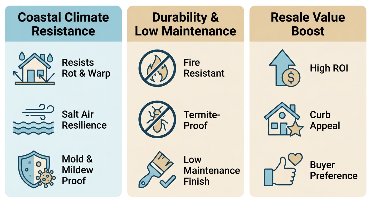 Three-column infographic showing benefits of James Hardie siding for San Benito homes: coastal climate resistance, durability, and resale value, each with three labeled icons.