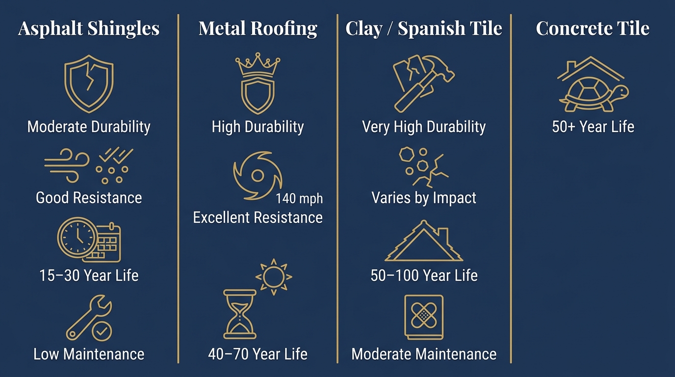 Infographic comparing four roofing materials for Harlingen: Asphalt Shingles, Metal Roofing, Clay/Spanish Tile, and Concrete Tile, with icons representing durability, storm resistance, lifespan, and maintenance on a dark blue background.