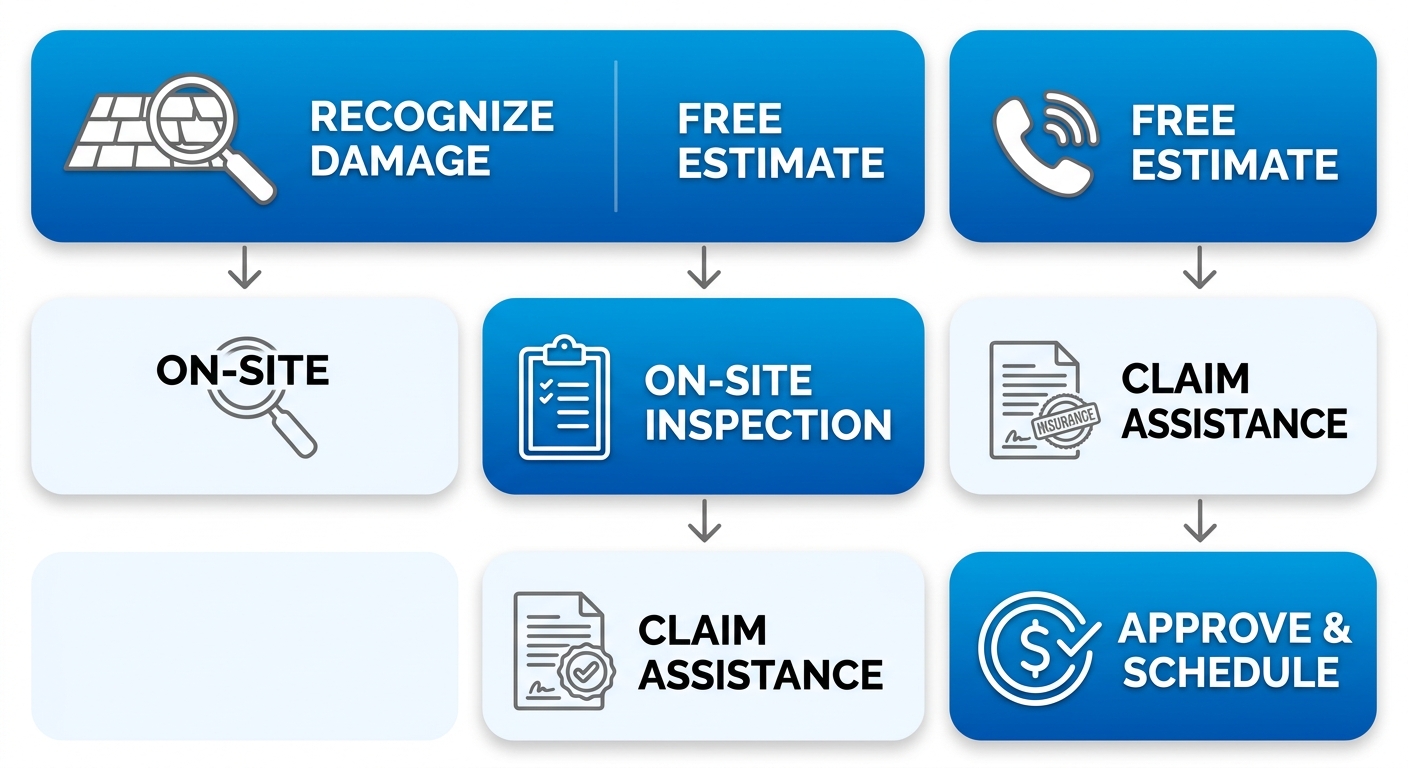 Vertical process flow showing five stages of Harlingen roof repair: Recognize Damage, Free Estimate, On-Site Inspection, Claim Assistance, and Approve & Schedule, with blue gradient boxes and white icons.