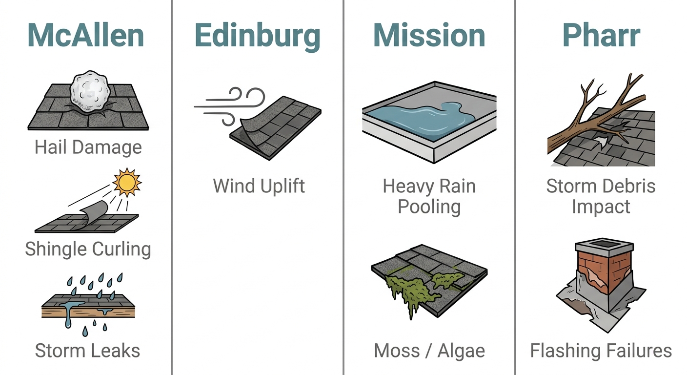 Four-column infographic comparing roof repair conditions in McAllen, Edinburg, Mission, and Pharr, with simple outline icons and short labels for each city's common roofing issues.
