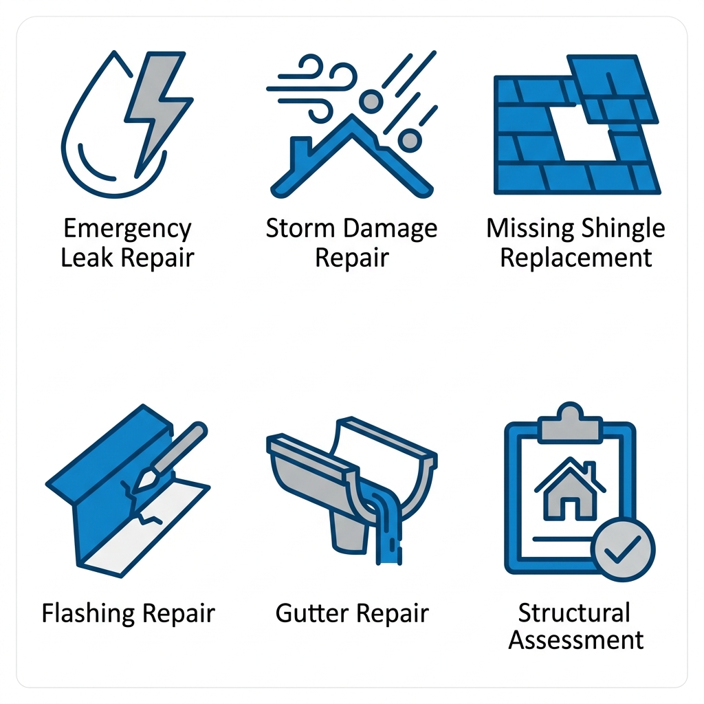 Six outlined icons representing roof repair services: emergency leak, storm damage, shingle replacement, flashing repair, gutter repair, and structural assessment, with blue and grey labels on a white background.