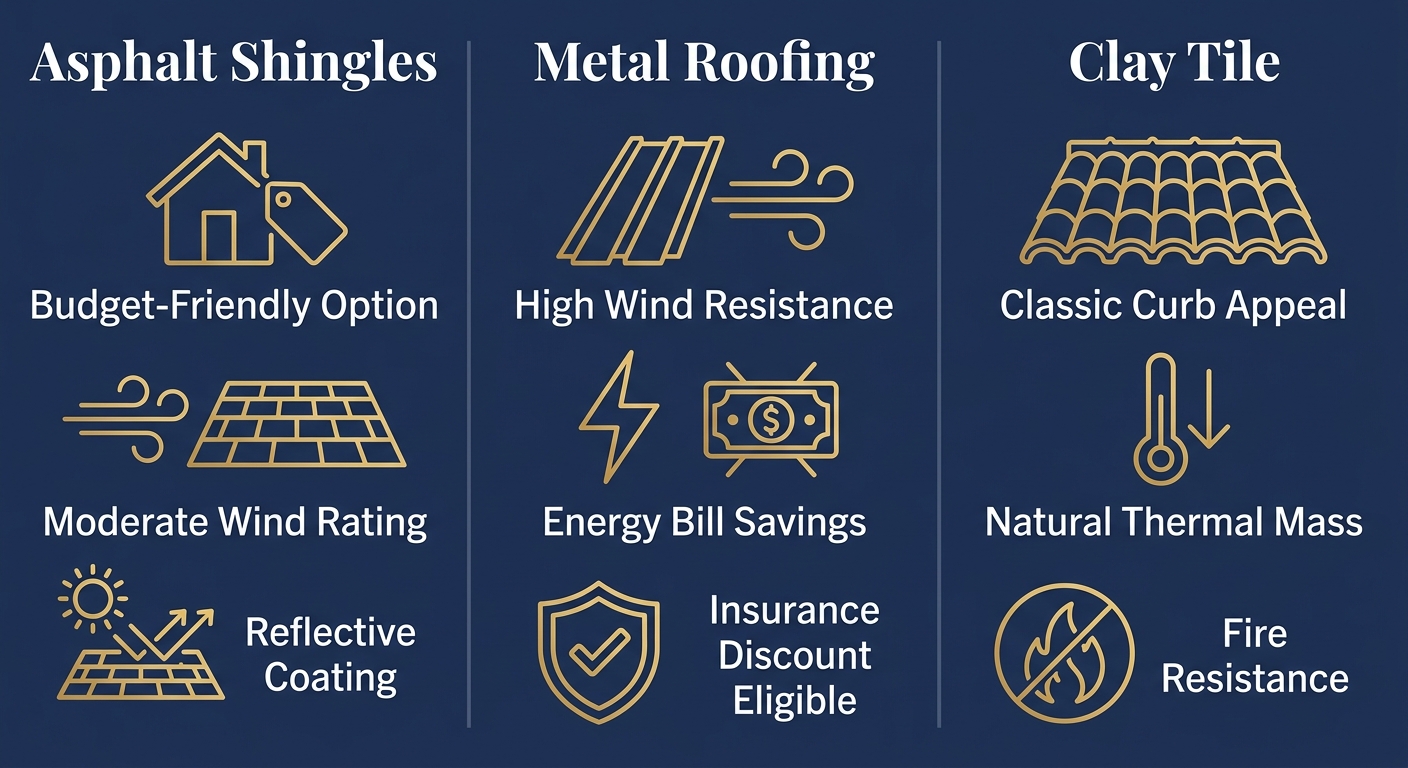 Three-column infographic comparing Asphalt Shingles, Metal Roofing, and Clay Tile for Harlingen homeowners, with gold outline icons on a navy background.