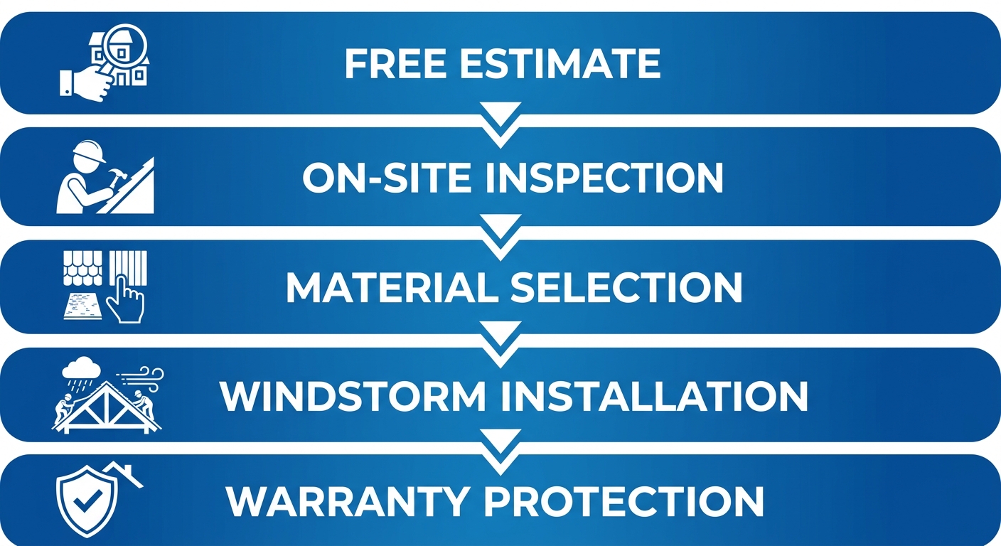 Vertical process flow diagram for Buffalo Roofing & Exteriors roof replacement journey in Harlingen, showing five stages from free estimate to warranty protection.