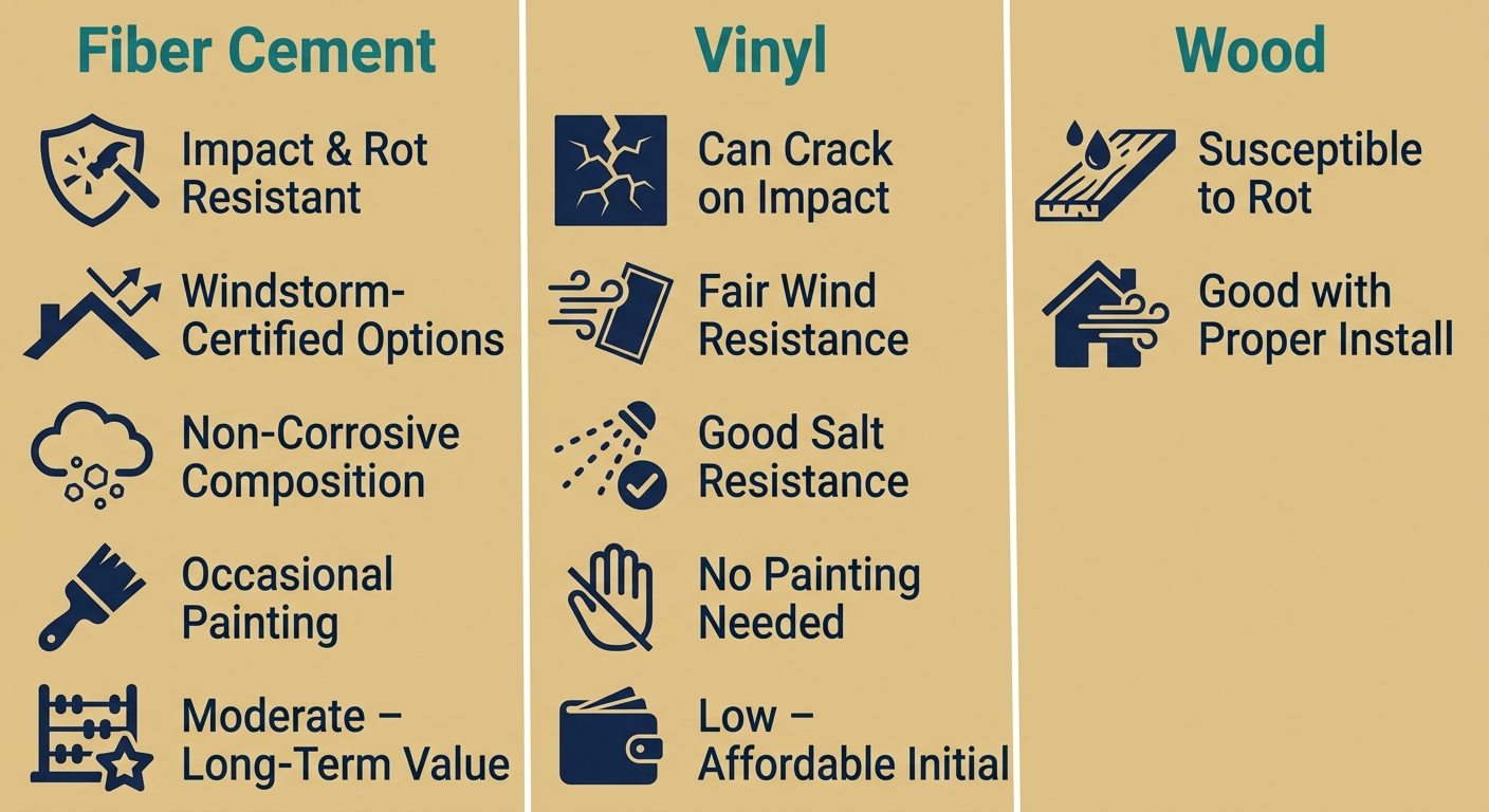 Three-column infographic comparing fiber cement, vinyl, and wood siding materials for coastal Brownsville, with icons and labels showing durability, wind resistance, salt resistance, and maintenance needs.