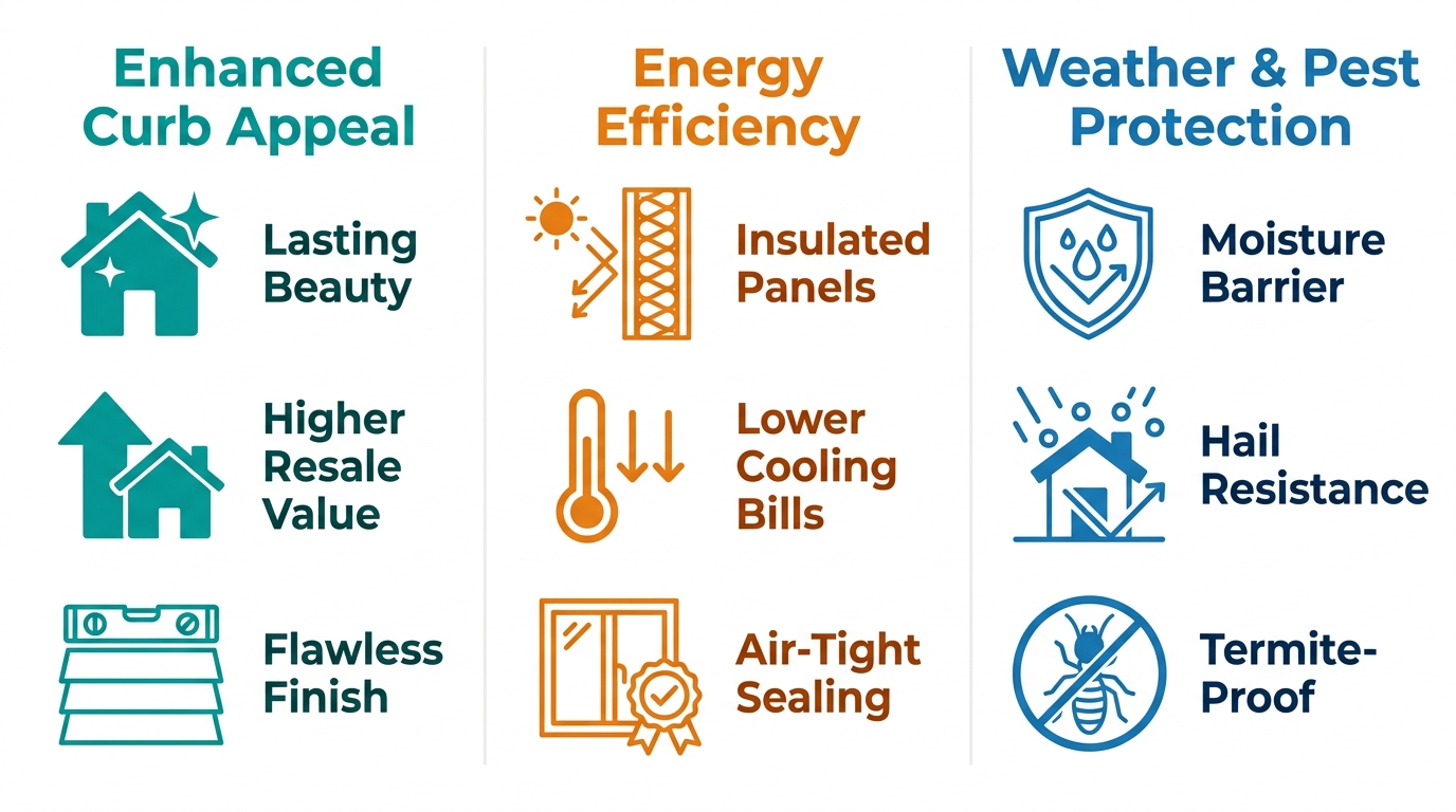 Three-column infographic showing benefits of professional siding installation in McAllen: enhanced curb appeal with lasting beauty, higher resale value, flawless finish; energy efficiency with insulated panels, lower cooling bills, air-tight sealing; weather and pest protection with moisture barrier, hail resistance, termite-proof.