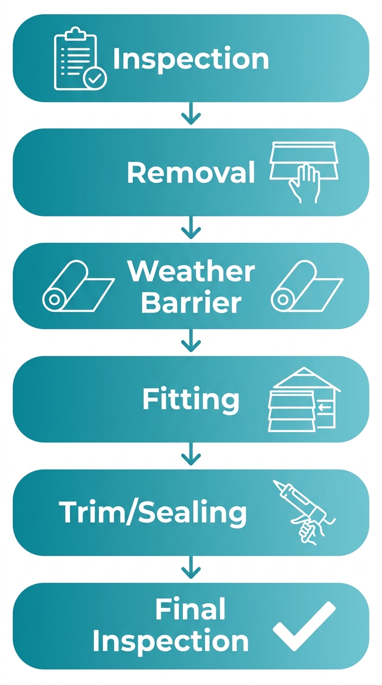 Six-stage siding installation process flow with icons: Inspection (clipboard), Removal (panel), Weather Barrier (roll), Fitting (panel aligned), Trim/Sealing (caulk gun), Final Inspection (checkmark), connected by downward arrows on a clean background with teal gradient rectangles.