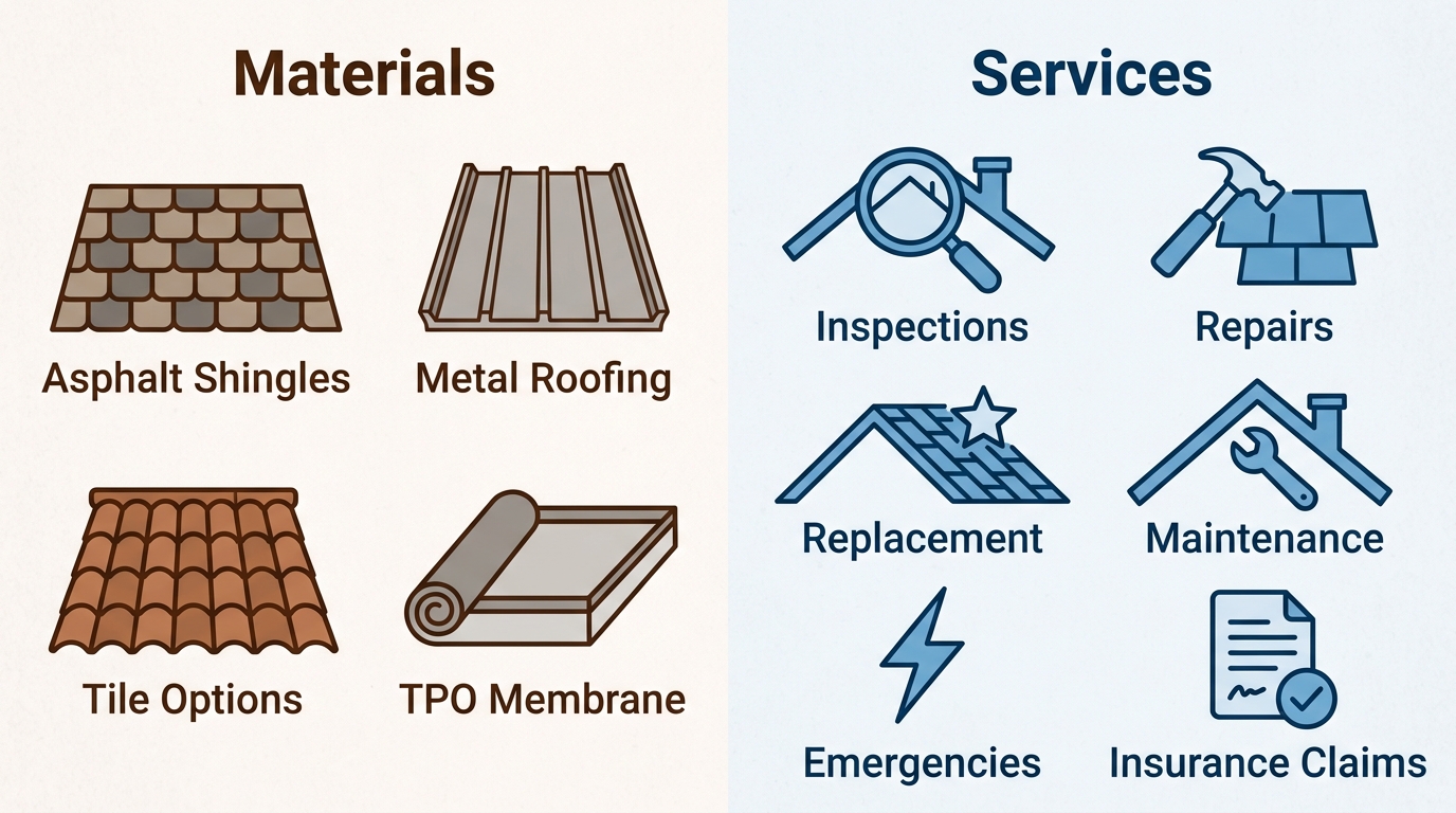 Two-column infographic showing roofing materials (Asphalt Shingles, Metal Roofing, Tile Options, TPO Membrane) with outlined icons in warm browns and greys, and services (Inspections, Repairs, Replacement, Maintenance, Emergencies, Insurance Claims) with outlined icons in cool blues, on a light textured background.