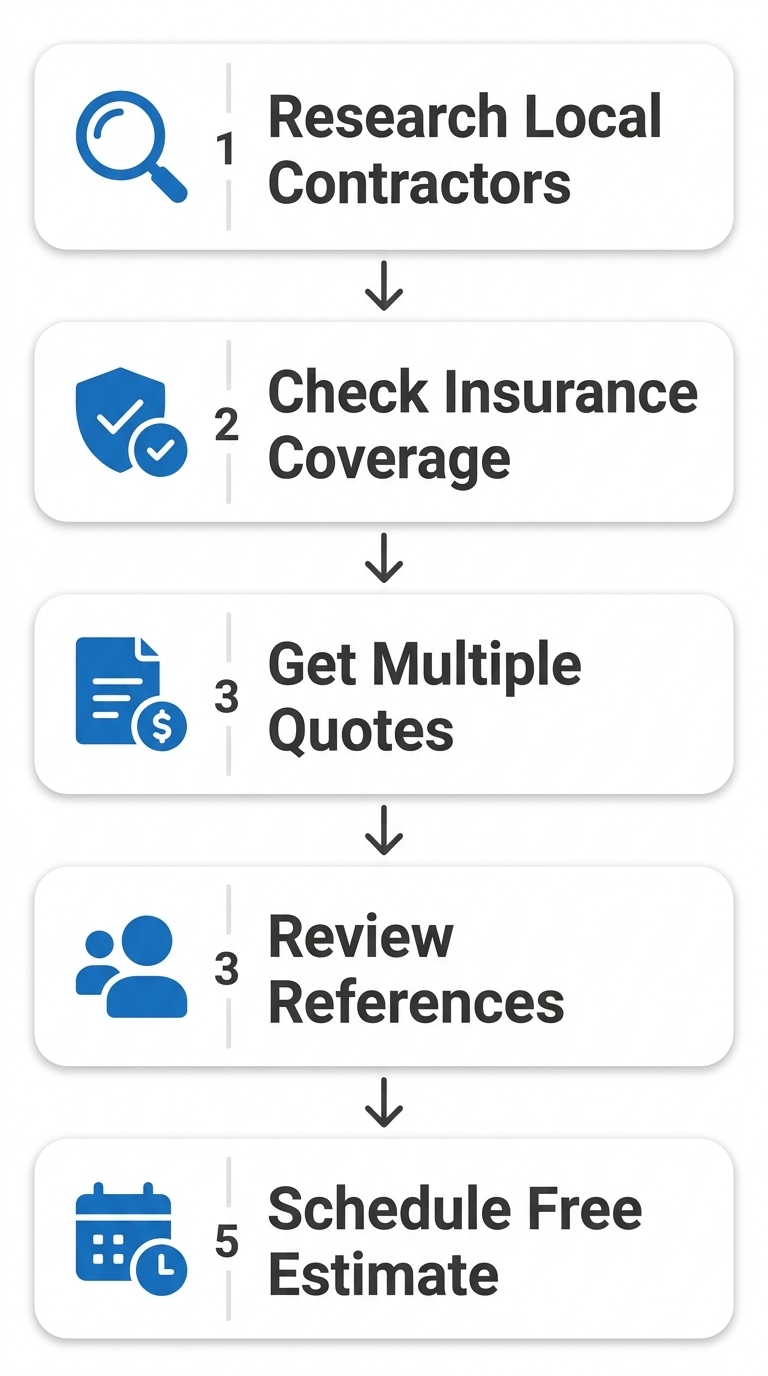 Vertical process flow showing five steps to start a roof replacement project in McAllen: research local contractors, check insurance coverage, get multiple quotes, review references, and schedule a free estimate.