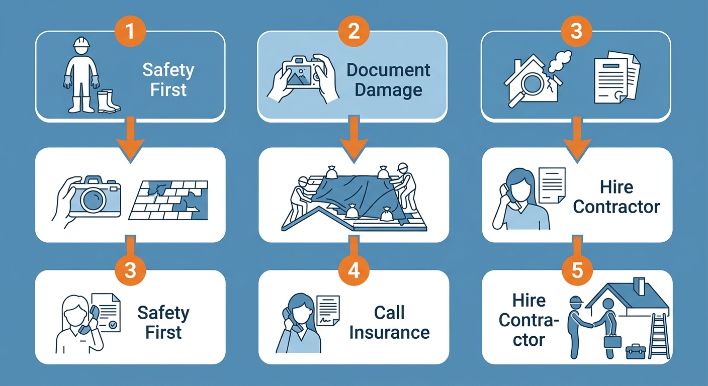 Five-step vertical process flow for roof repair in Brownsville: icons for safety helmet, camera, tarp, phone, clipboard represent stages Safety First, Document Damage, Temporary Tarp, Call Insurance, Hire Contractor, with blue and orange color scheme.