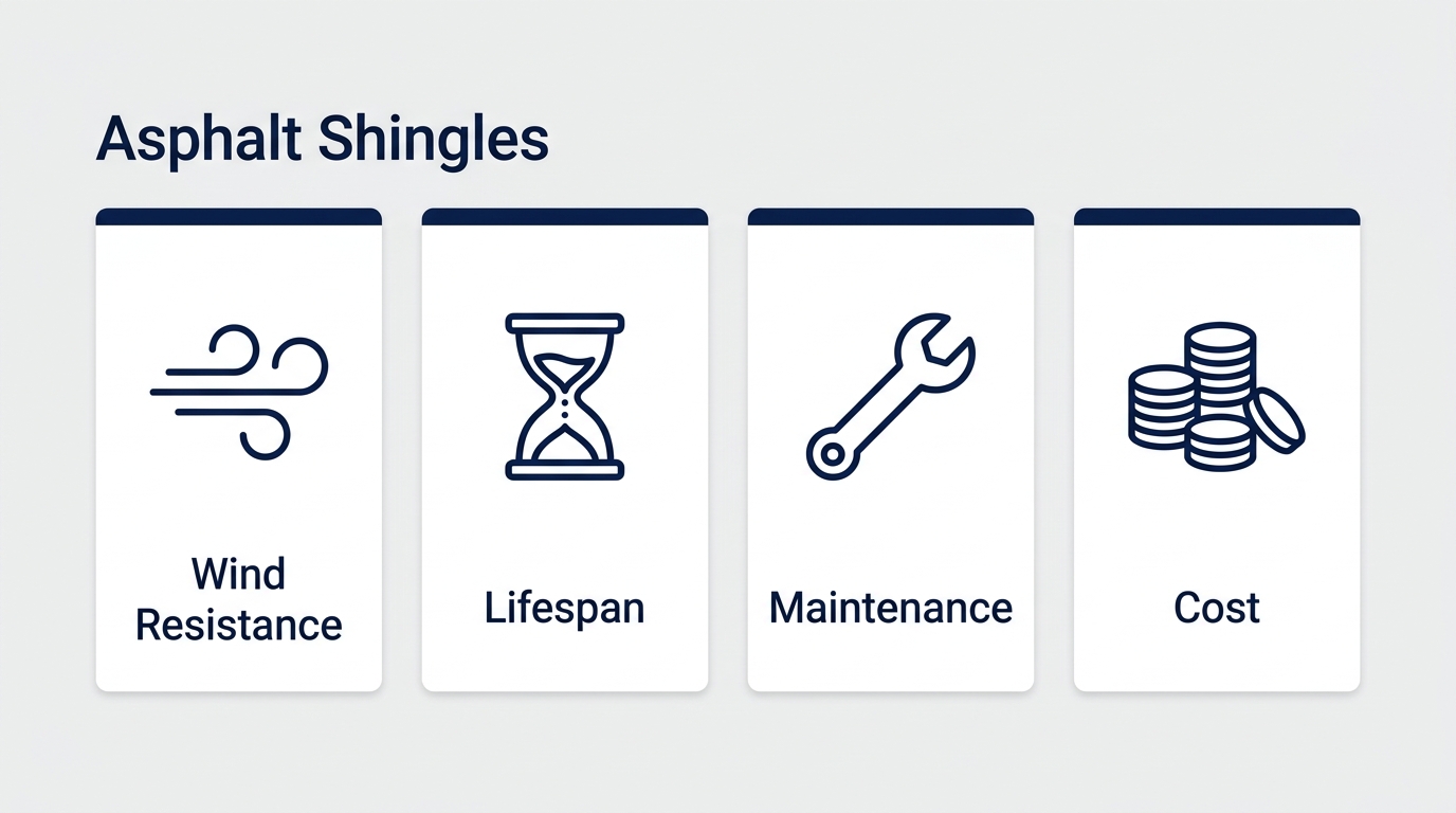 Infographic comparing four roofing material performance metrics for coastal climate: Wind Resistance, Lifespan, Maintenance, and Cost, with minimalist icons.