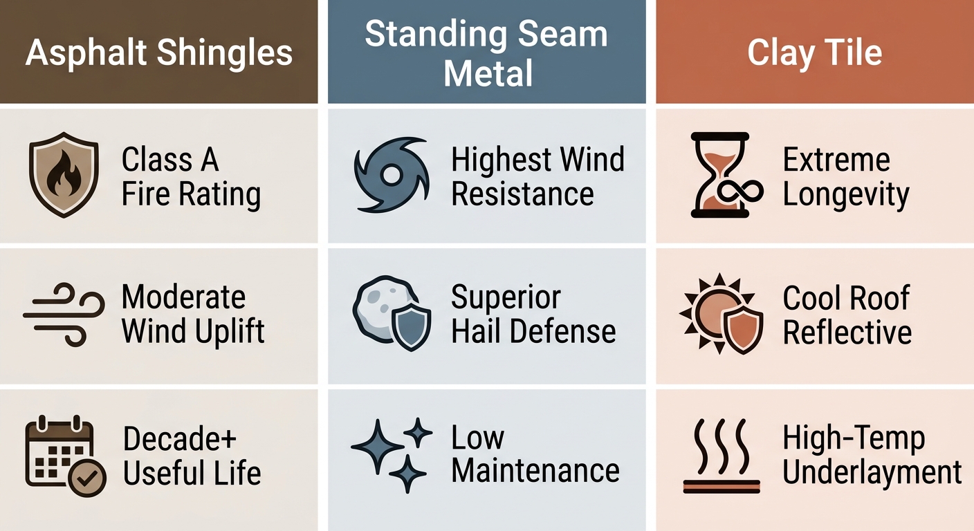 Infographic comparing three roofing materials for Brownsville: asphalt shingles, standing seam metal, and clay tile, with three attributes each shown by icons and labels