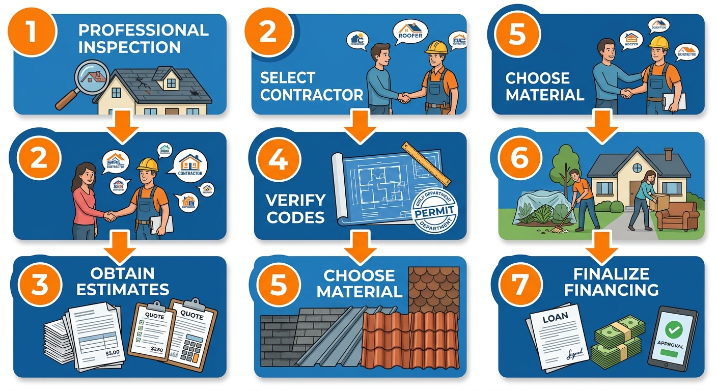 Vertical process flow diagram showing seven steps for roof replacement in Brownsville: Professional Inspection, Select Contractor, Obtain Estimates, Verify Codes, Choose Material, Prepare Property, and Finalize Financing, with numbered circles and downward arrows.