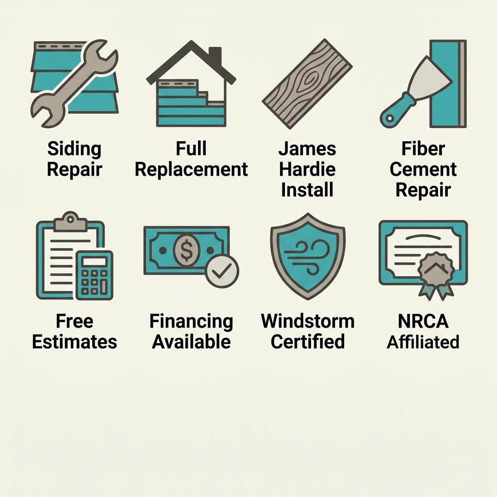 Set of eight flat outline icons representing siding repair, full replacement, James Hardie installation, fiber cement repair, free estimates, financing, windstorm certification, and NRCA affiliation, with labels on a cream background.