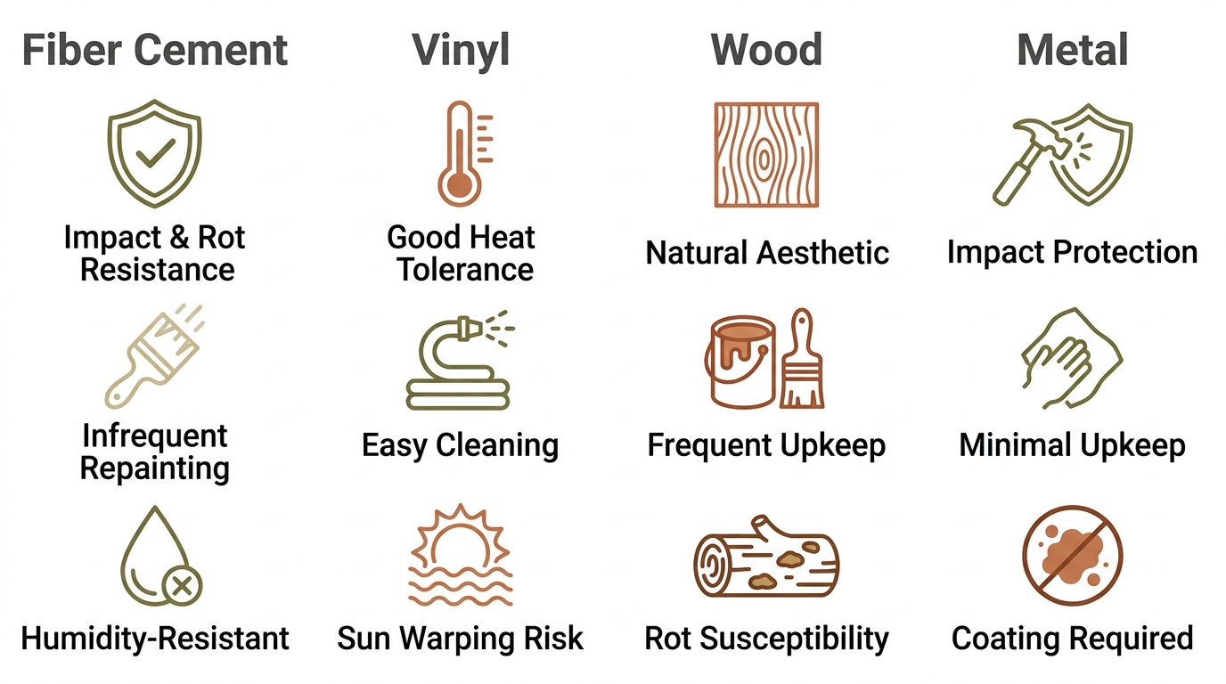 Infographic comparing four siding materials for Los Fresnos homes: Fiber Cement, Vinyl, Wood, and Metal, with icons and labels highlighting each material's key features such as impact resistance, upkeep frequency, and humidity tolerance.