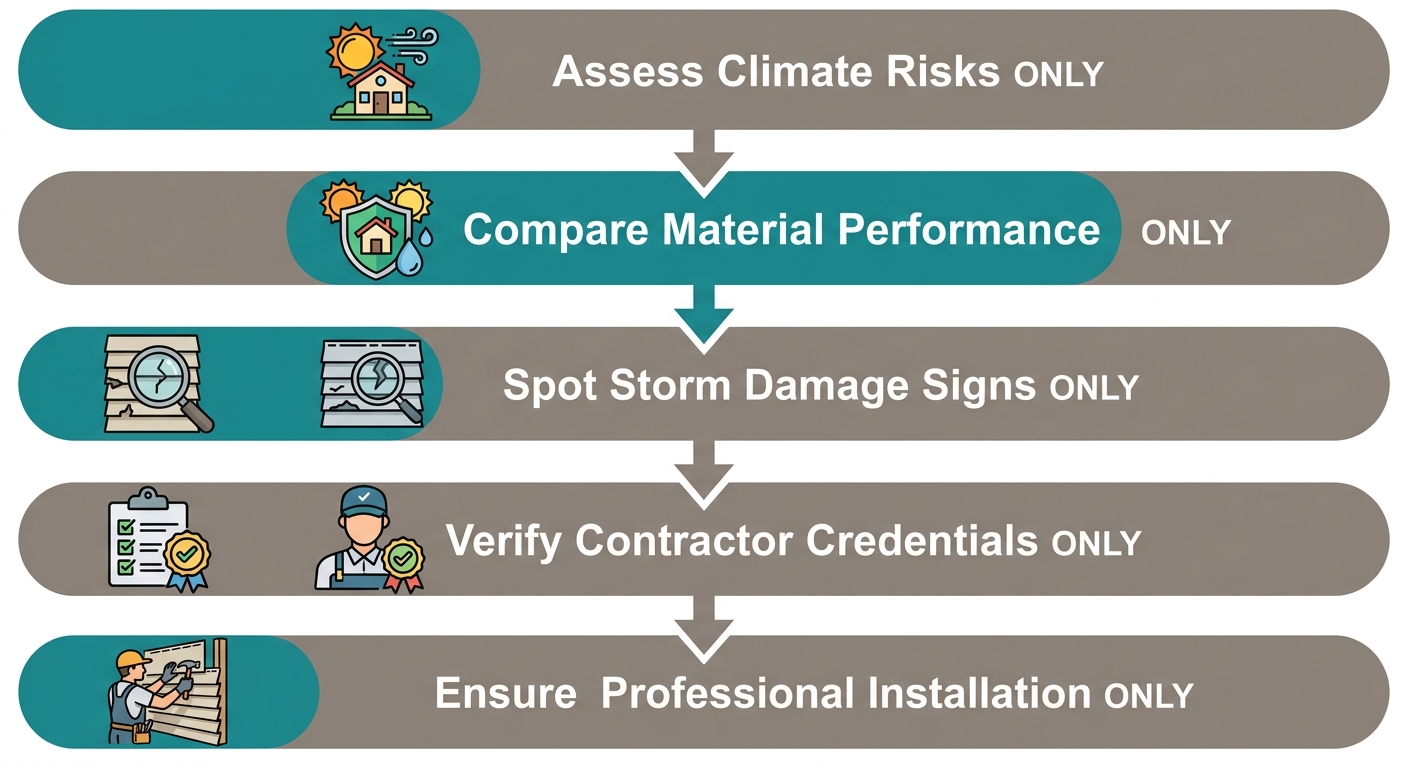 Vertical process flow diagram of five steps for selecting siding in South Texas, with icons and labels for each stage.