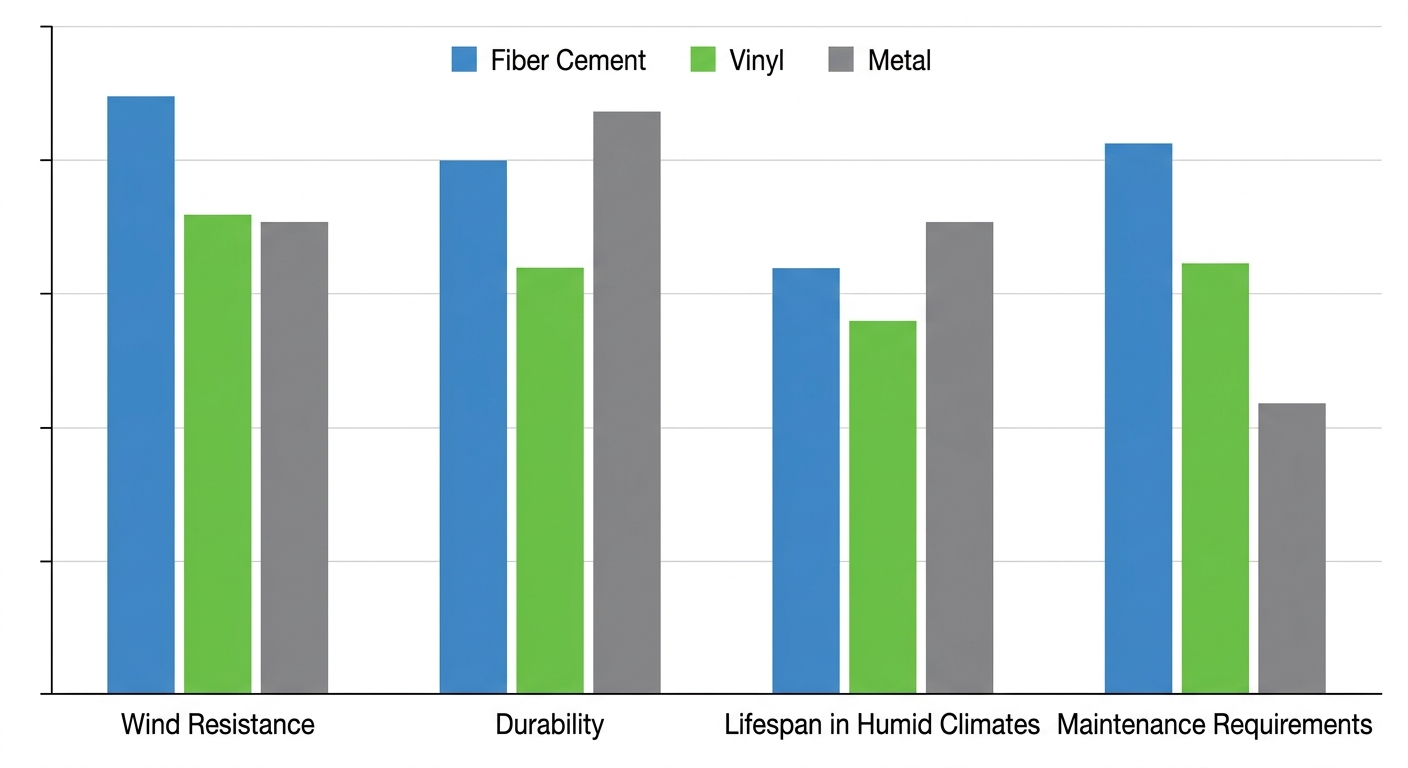 Grouped bar chart comparing fiber cement (blue), vinyl (green), and metal (gray) siding materials across wind resistance, durability, lifespan, and maintenance categories for South Texas homes.