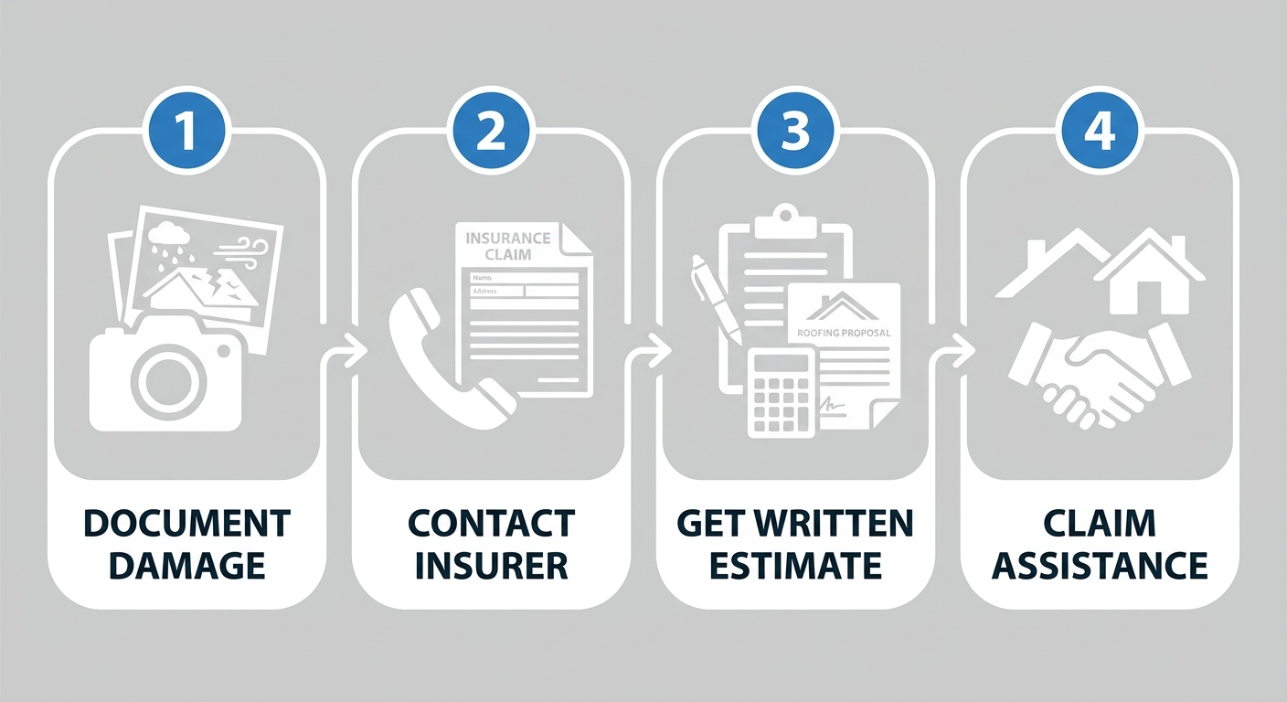 Four-step horizontal process flow for storm damage claims: Document Damage, Contact Insurer, Get Written Estimate, and Claim Assistance, with blue circled icons and arrows on a light gray background.