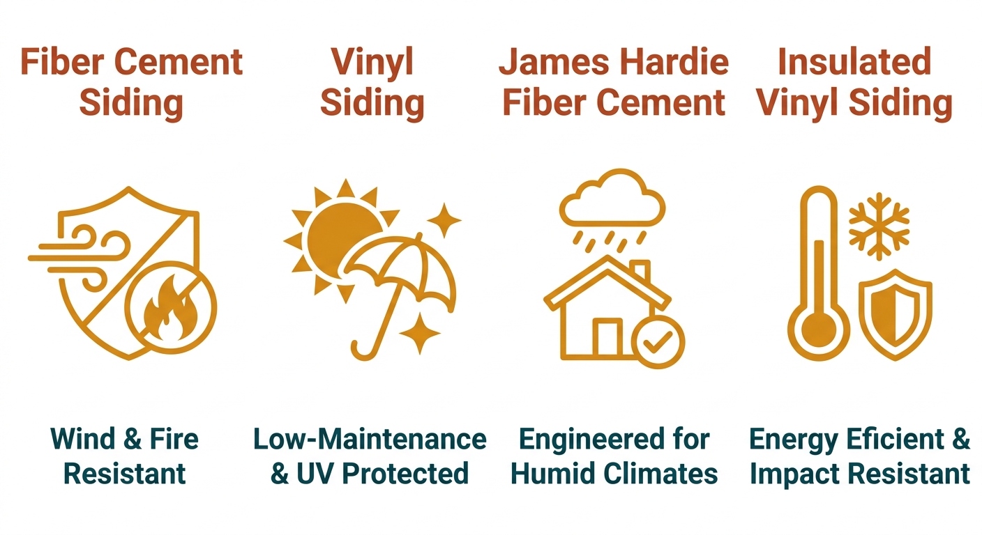 Infographic comparing four siding materials for South Texas homes: fiber cement, vinyl, James Hardie, and insulated vinyl, with icons and labels describing key features.