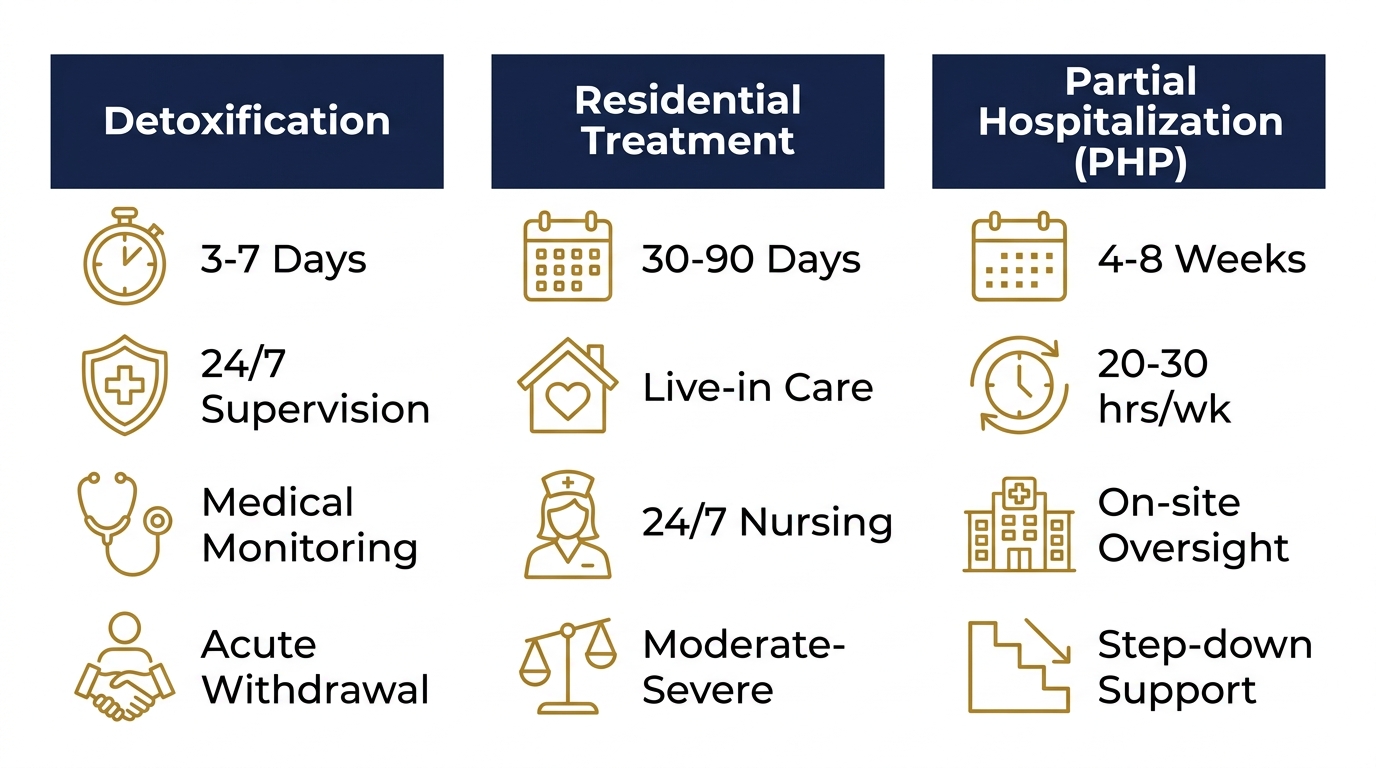 Infographic showing detoxification, residential treatment, and partial hospitalization levels of care with icons and labels.