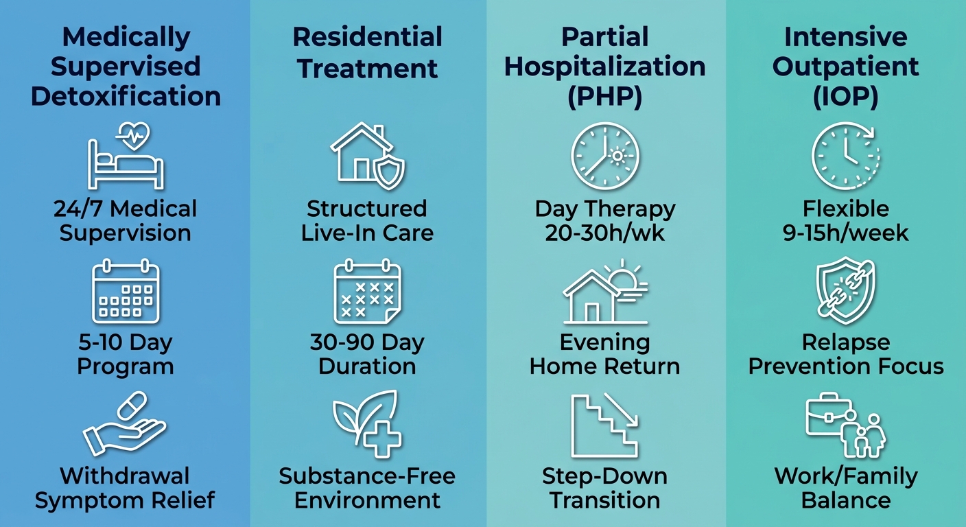 Infographic with four vertical columns showing levels of addiction care: detoxification with medical supervision, residential live-in treatment, partial hospitalization, and intensive outpatient program, each with three icons and labels.