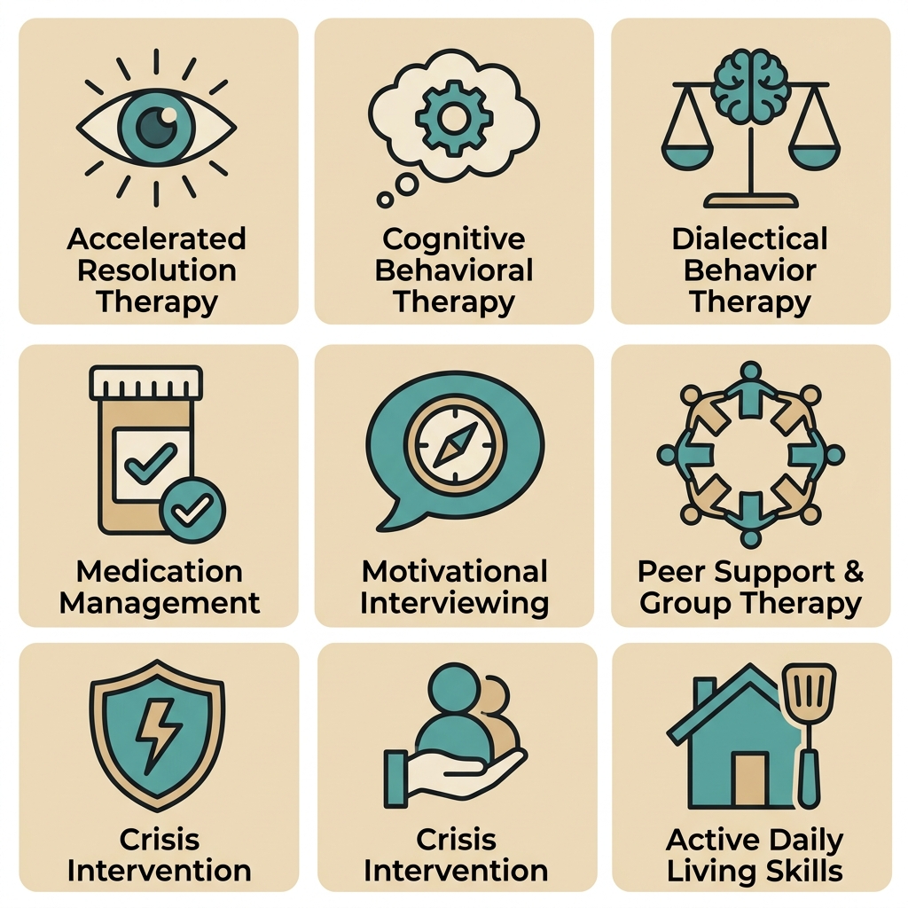 Eight evidence-based therapy icons including accelerated resolution therapy, cognitive behavioral therapy, dialectical behavior therapy, medication management, motivational interviewing, peer support group therapy, crisis intervention, and active daily living skills