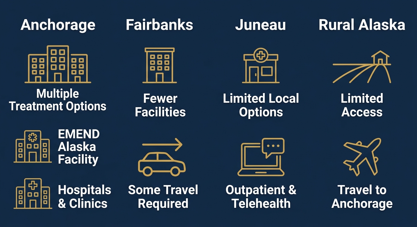 Infographic with four columns comparing alcohol addiction treatment availability in Anchorage, Fairbanks, Juneau, and Rural Alaska. Each column has a region header and icons with labels for facilities and access options.
