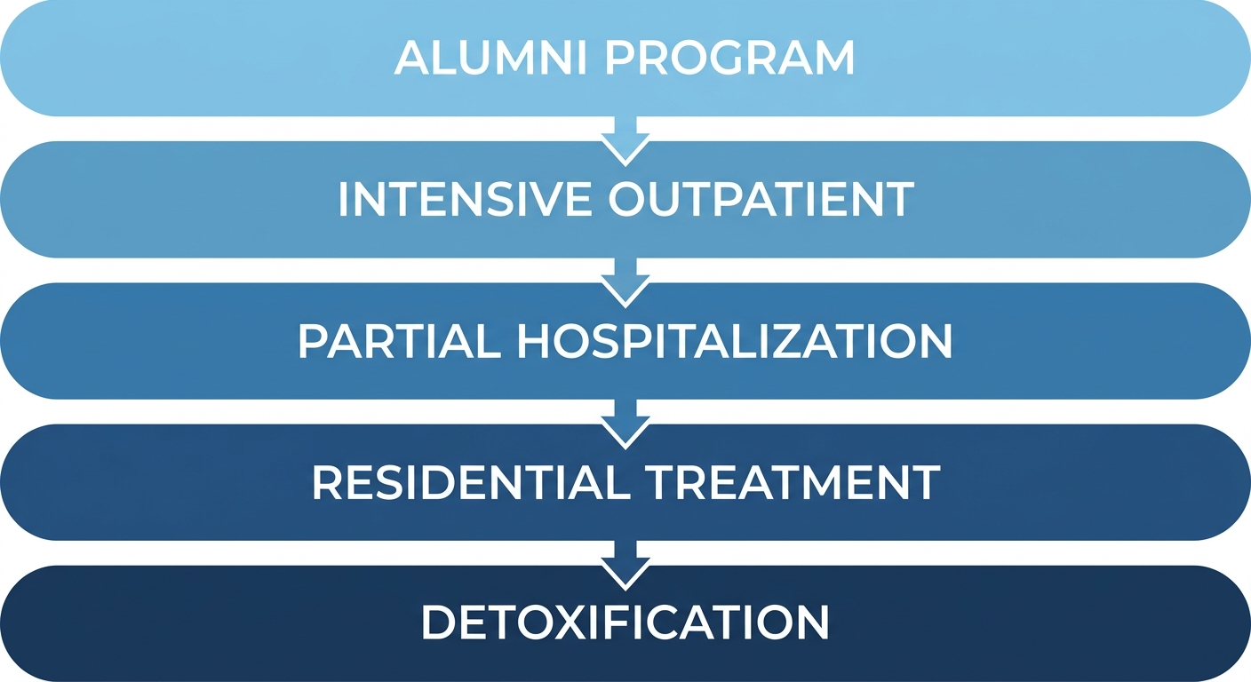 Vertical process flow showing five stages of addiction treatment at EMEND Alaska: Detox, Residential, Partial Hospitalization, Intensive Outpatient, and Alumni Program