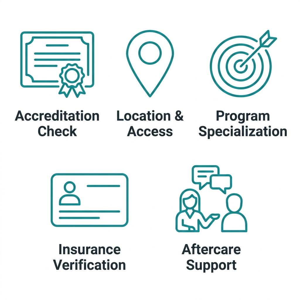 Icons representing five key factors for choosing rehab in Alaska: accreditation, location, specialization, insurance, and aftercare support.
