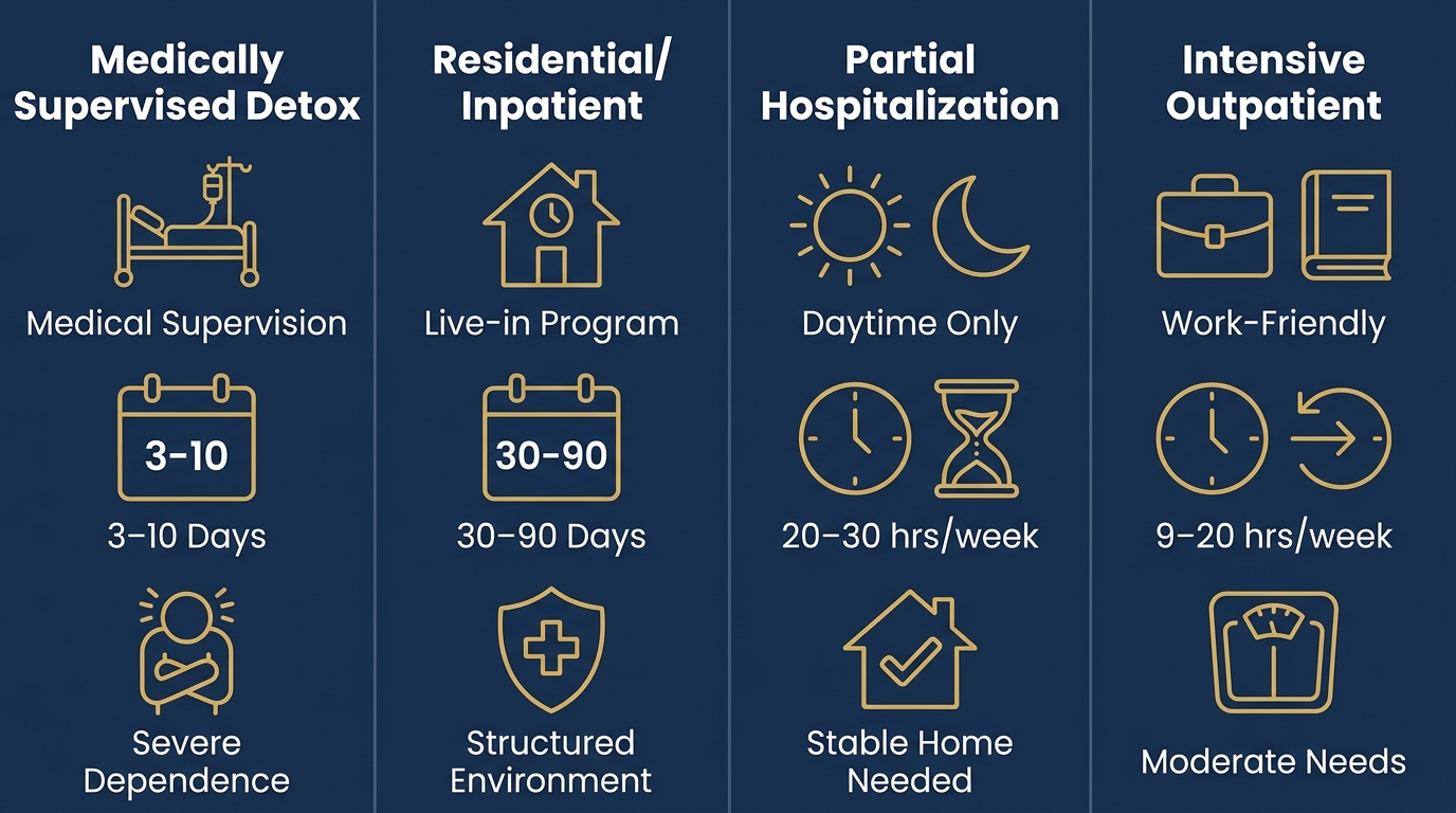 An infographic presenting the four levels of addiction treatment care: Medically Supervised Detox, Residential/Inpatient, Partial Hospitalization, and Intensive Outpatient, each with three key features described by icons and labels.