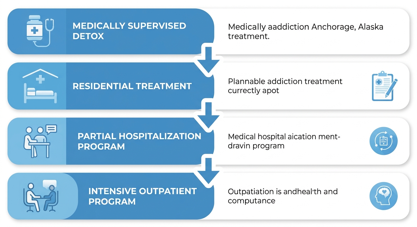 Vertical process flow diagram of addiction treatment levels in Anchorage, Alaska